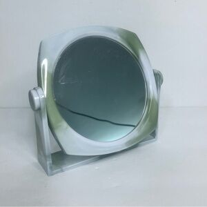 VINTAGE SHAVING/MAKE-UP MIRROR GREEN MARBLE-LIKE PLASTIC MAGNIFYING WALL MOUNT
